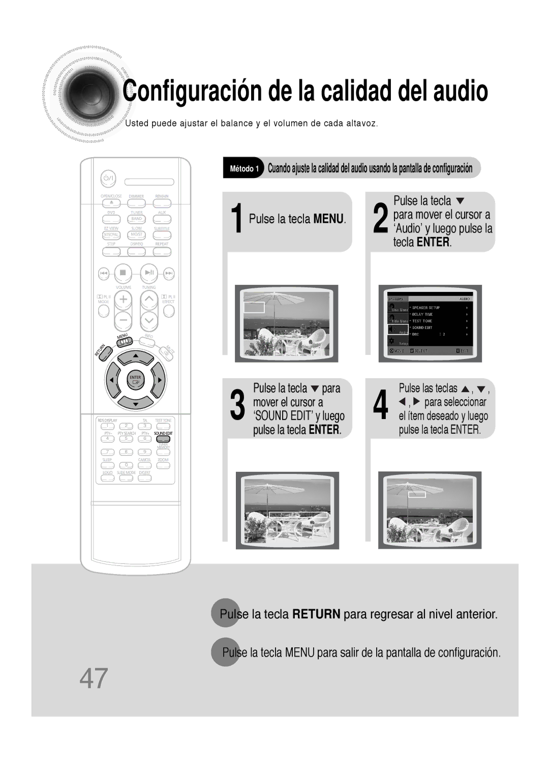 Samsung HT-DS100, HTDS100RH/EDC manual Tecla Enter Pulse la tecla para, 1Pulse la tecla Menu, Pulse las teclas 