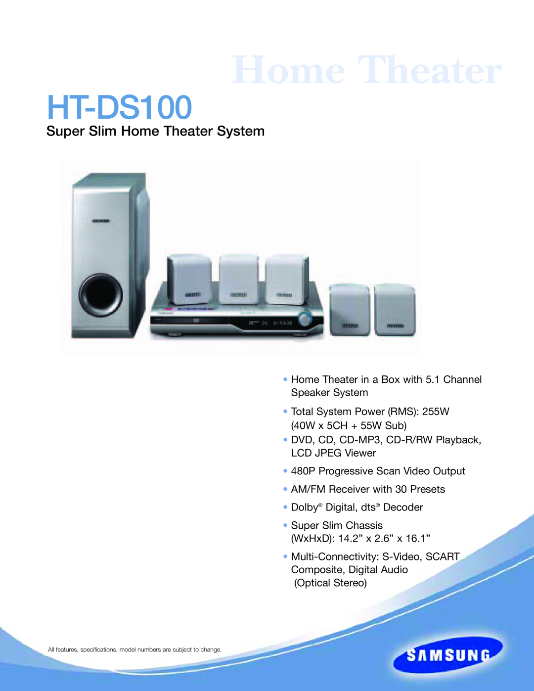 Samsung HT-DS100 specifications Super Slim Home Theater System 