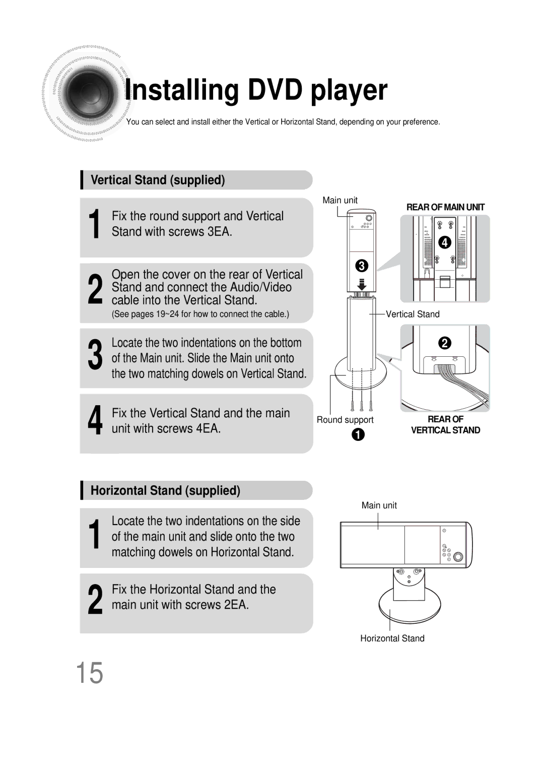 Samsung HT-DS1000 instruction manual Installing DVD player, Vertical Stand supplied, Horizontal Stand supplied 