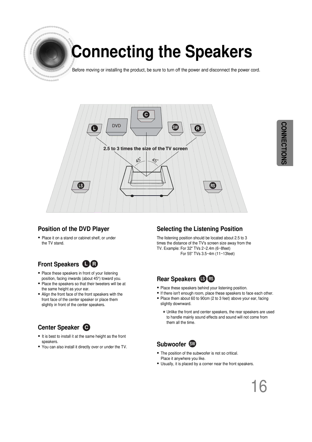 Samsung HT-DS1000 instruction manual Connecting the Speakers 