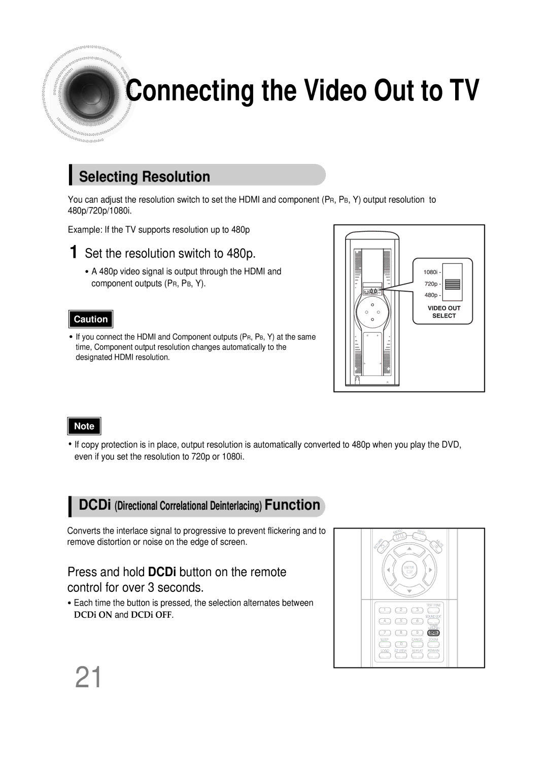 Samsung HT-DS1000 instruction manual Connecting the Video Out to TV, Set the resolution switch to 480p 