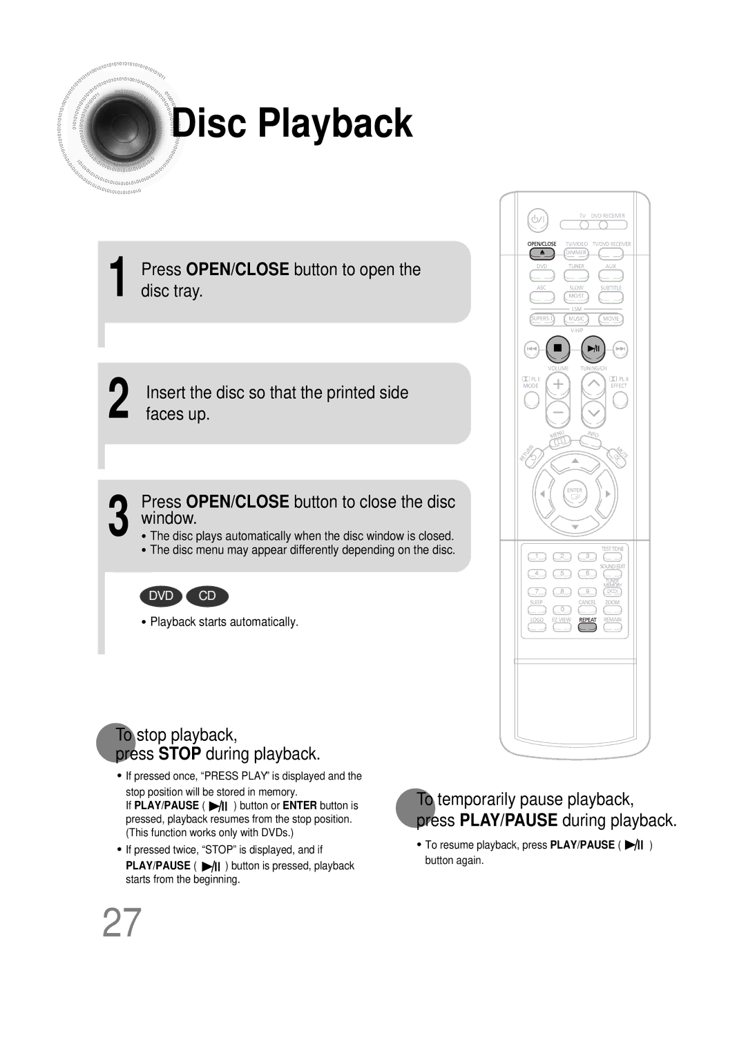 Samsung HT-DS1000 instruction manual Disc Playback, To stop playback Press Stop during playback 