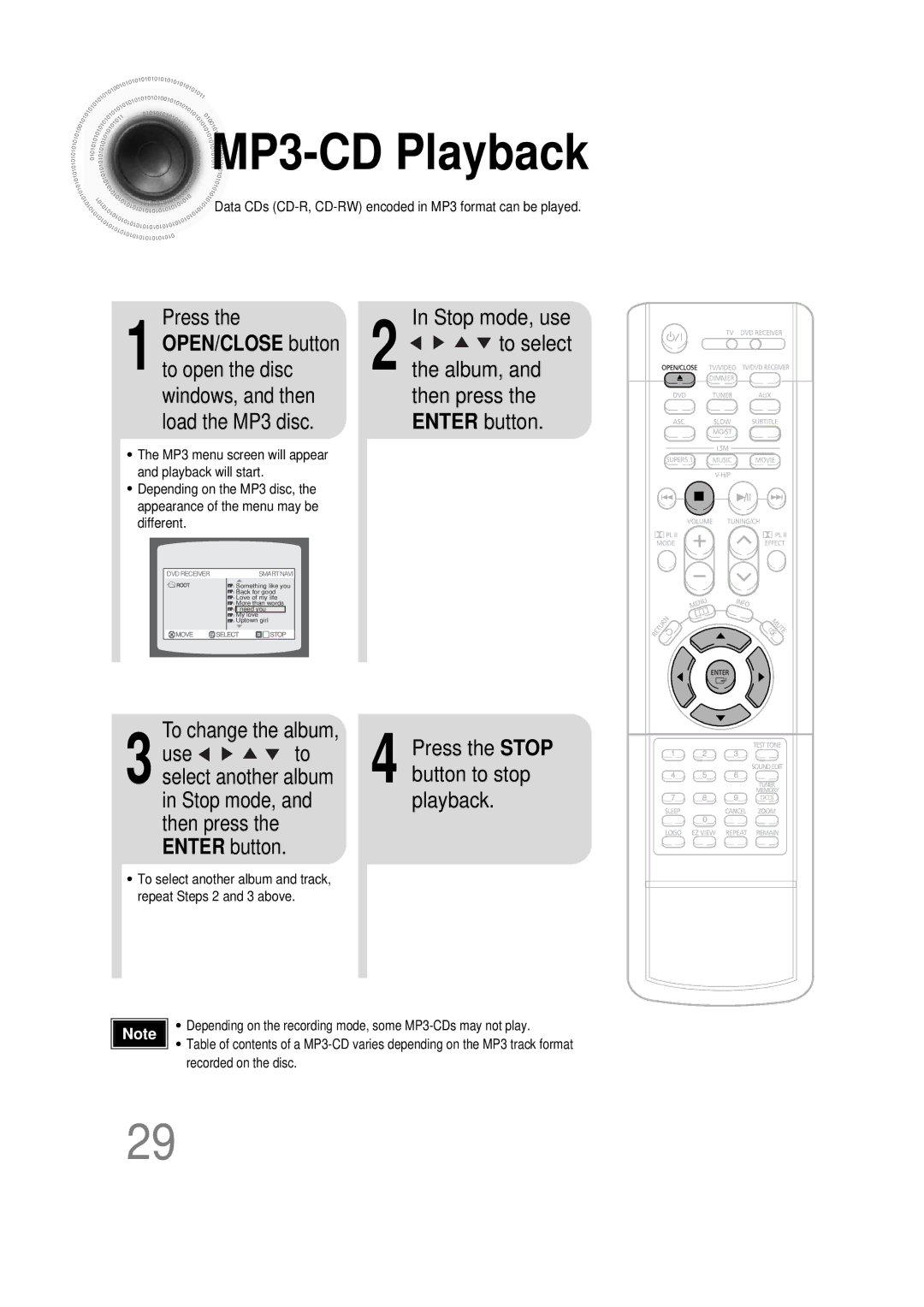 Samsung HT-DS1000 instruction manual MP3 -CD Playback, Press, Use, Stop mode, Playback 