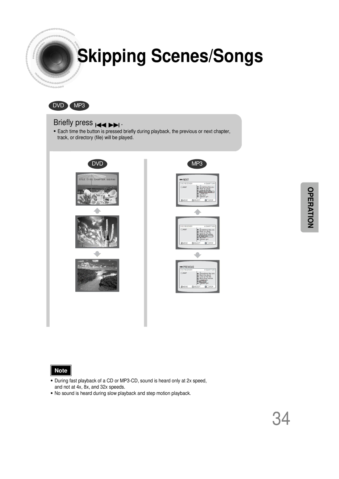 Samsung HT-DS1000 instruction manual Skipping Scenes/Songs, Briefly press 