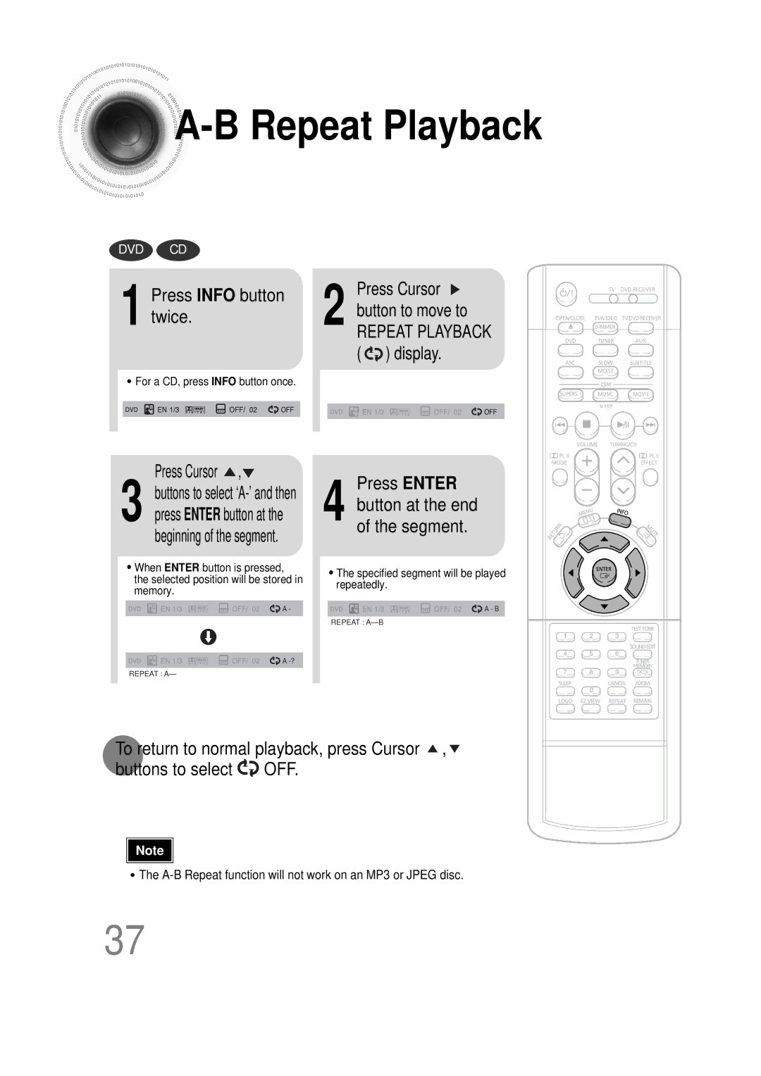 Samsung HT-DS1000 instruction manual Press Info button twice, Press Cursor, Press Enter 