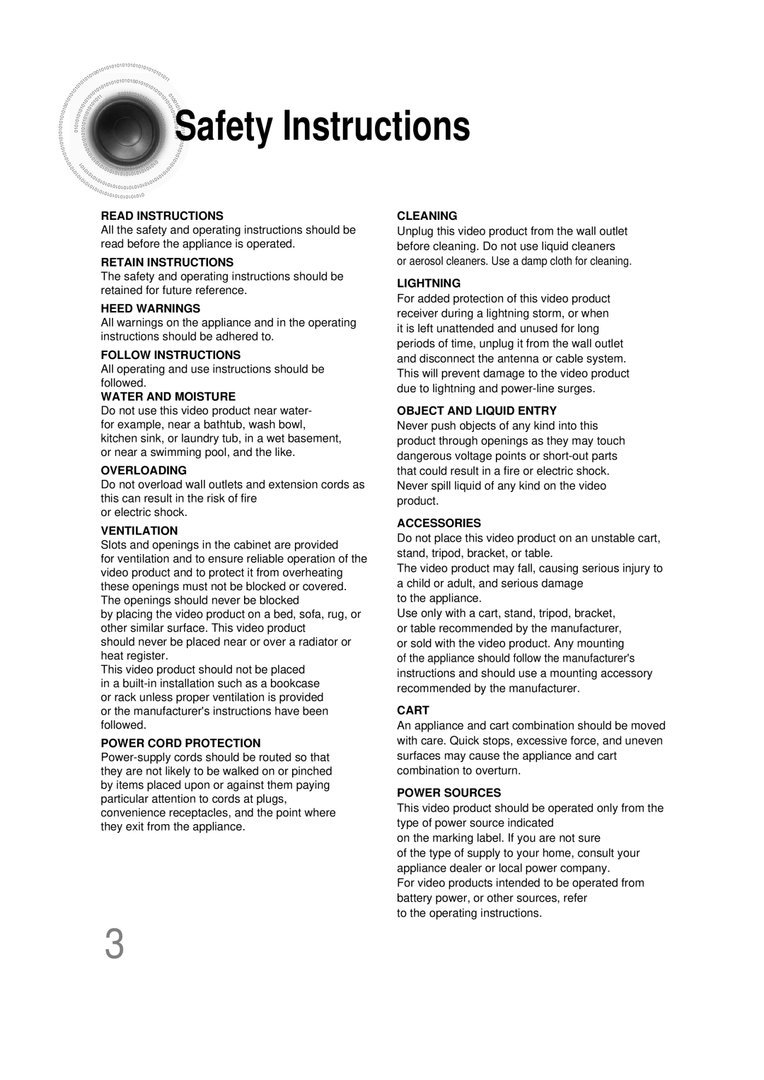 Samsung HT-DS1000 instruction manual Safety Instructions, Water and Moisture 