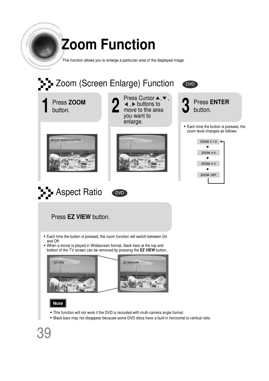 Samsung HT-DS1000 Zoom Function, Press EZ View button, Press Zoom button, Move to the area you want to enlarge 