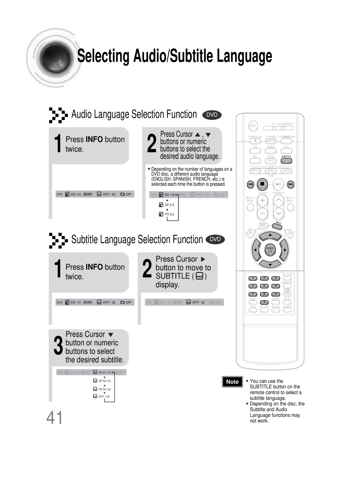 Samsung HT-DS1000 instruction manual 1Press Info button twice, Buttons to select the desired subtitle 