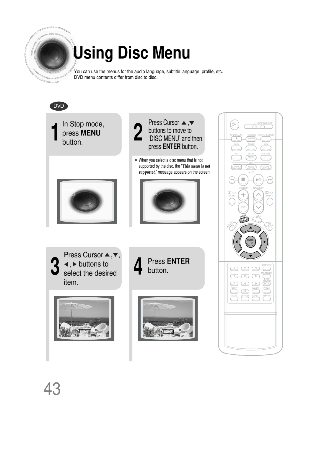 Samsung HT-DS1000 instruction manual Using Disc Menu, Stop mode, Press Cursor Buttons to Press Enter 