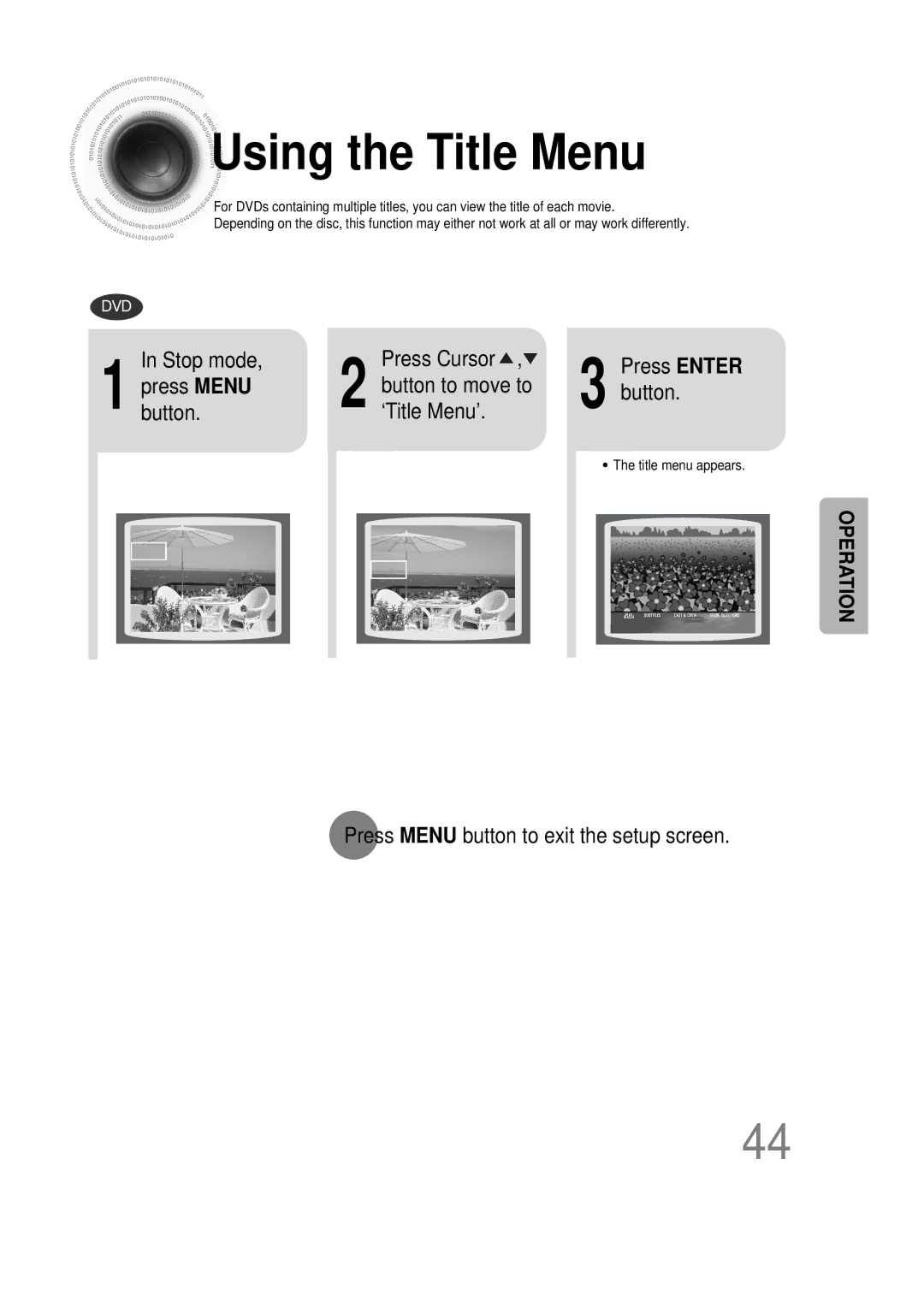 Samsung HT-DS1000 instruction manual Using the Title Menu, Press Menu Button to move to ‘Title Menu’ 