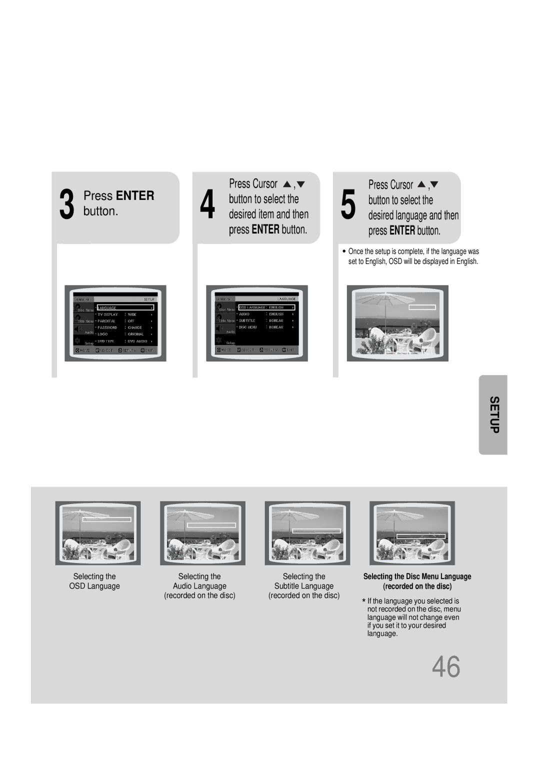 Samsung HT-DS1000 instruction manual Press Enter Press Cursor, Button to select 