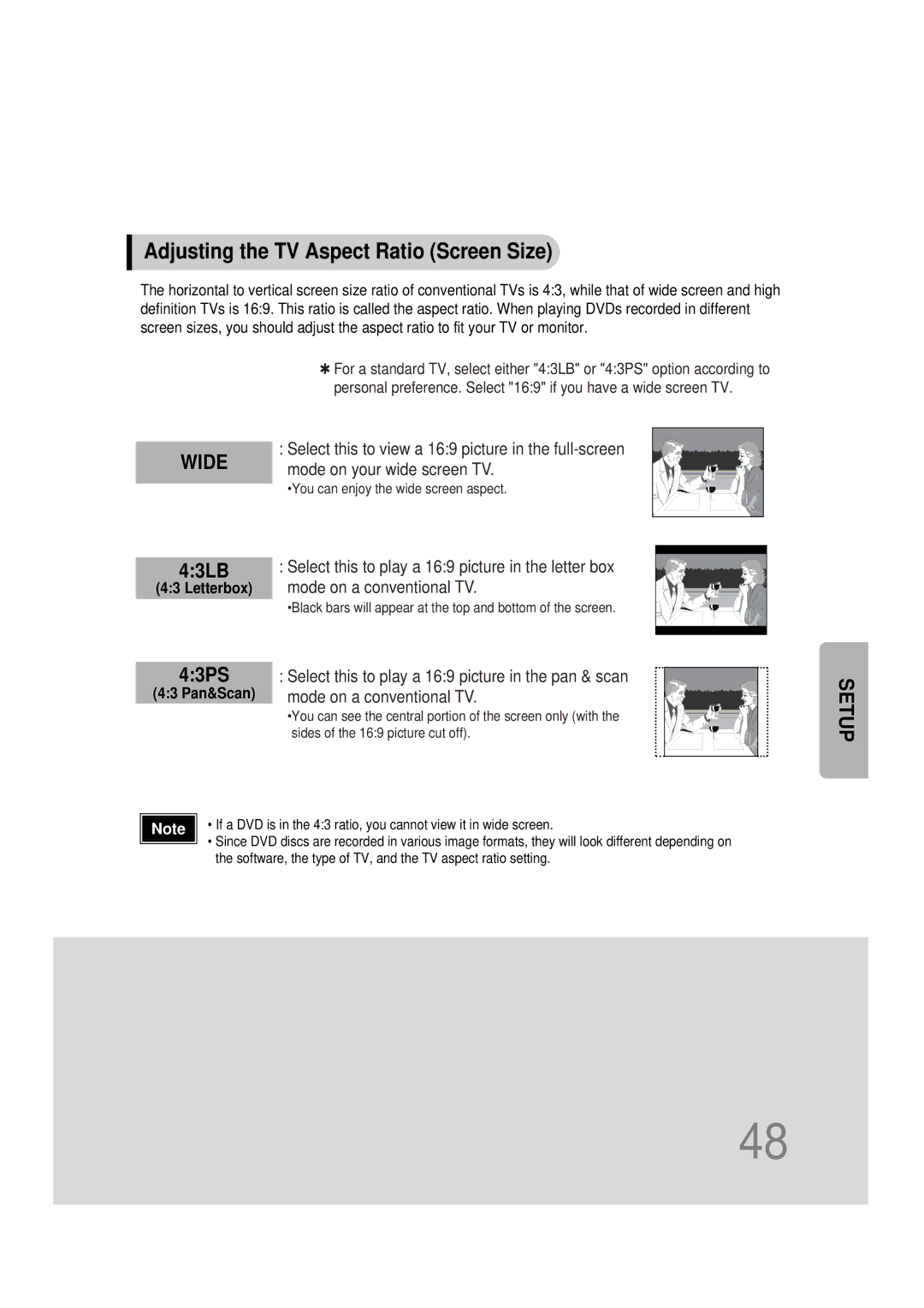 Samsung HT-DS1000 instruction manual Adjusting the TV Aspect Ratio Screen Size, Wide 