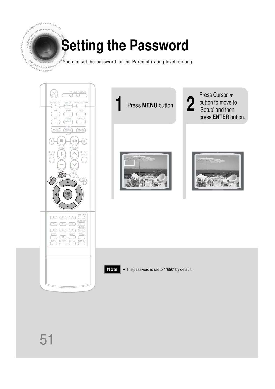 Samsung HT-DS1000 instruction manual Setting the Password, Press Cursor Button to move to Press Menu button 