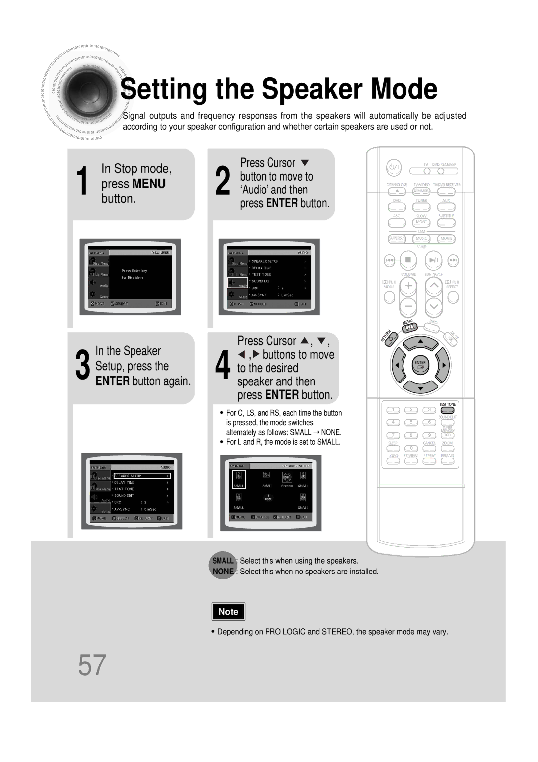 Samsung HT-DS1000 instruction manual Setting the Speaker Mode, Press Enter button Press Cursor 