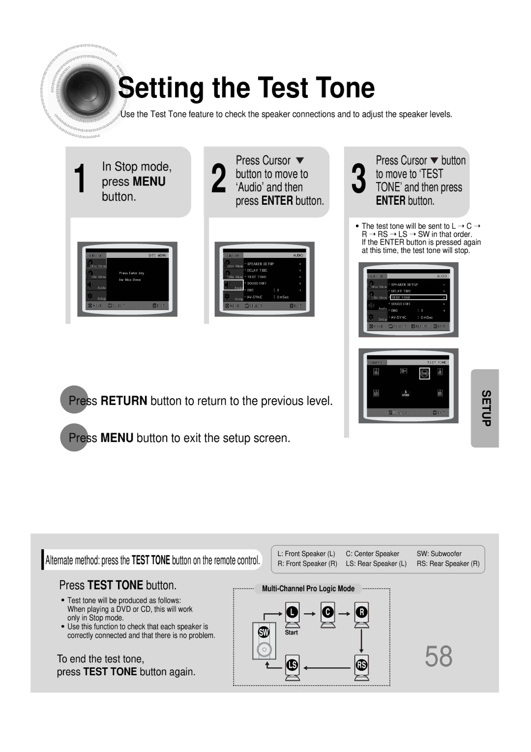 Samsung HT-DS1000 instruction manual Setting the Test Tone, ‘Audio’ and then, To move to ‘TEST 