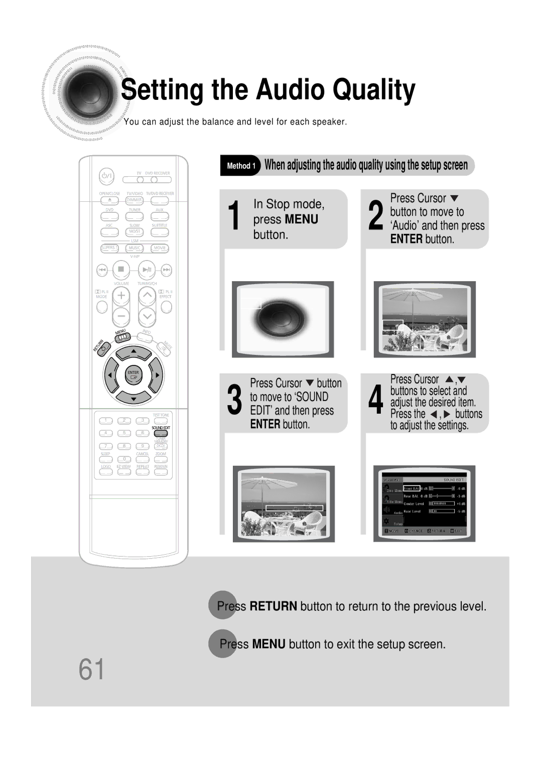 Samsung HT-DS1000 instruction manual Setting the Audio Quality, Button Enter button Press Cursor button 