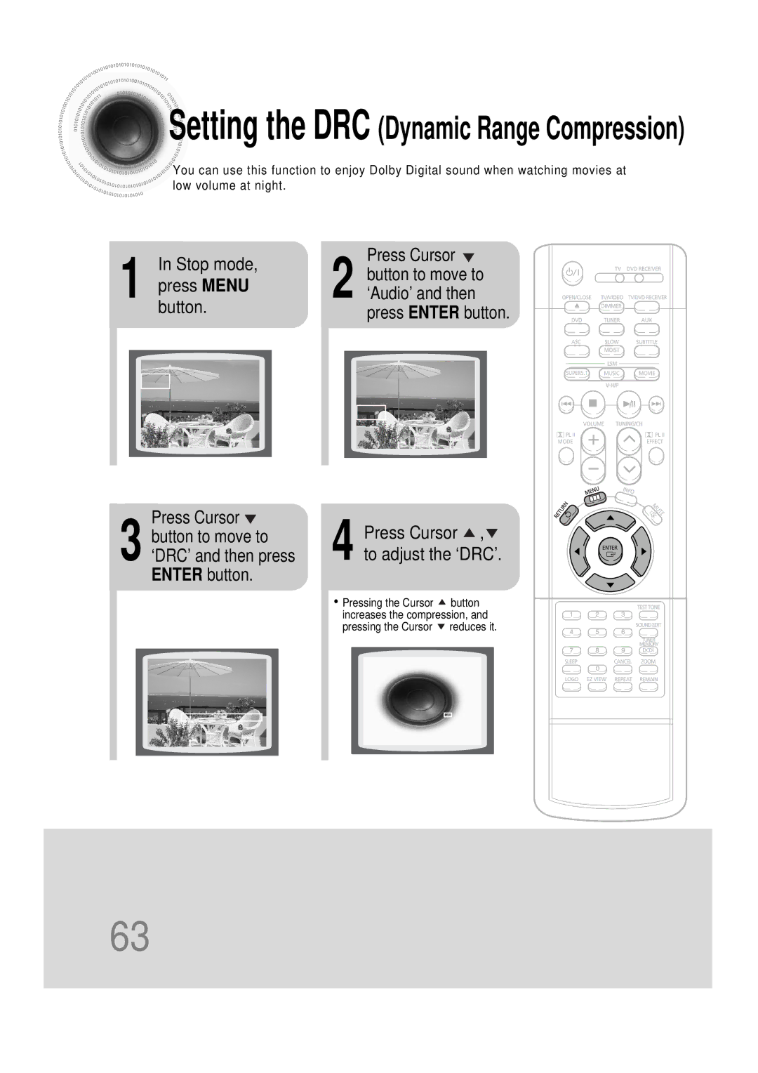 Samsung HT-DS1000 instruction manual Setting the DRC Dynamic Range Compression, ‘DRC’ and then press Enter button 