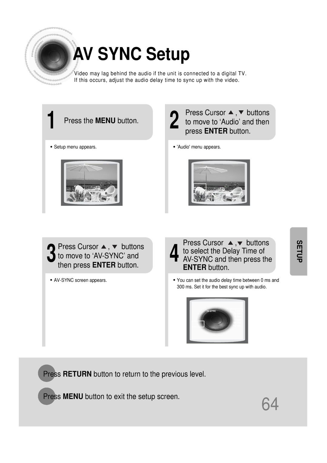 Samsung HT-DS1000 instruction manual AV Sync Setup, Press the Menu button Press Cursor , buttons, Press Enter button 