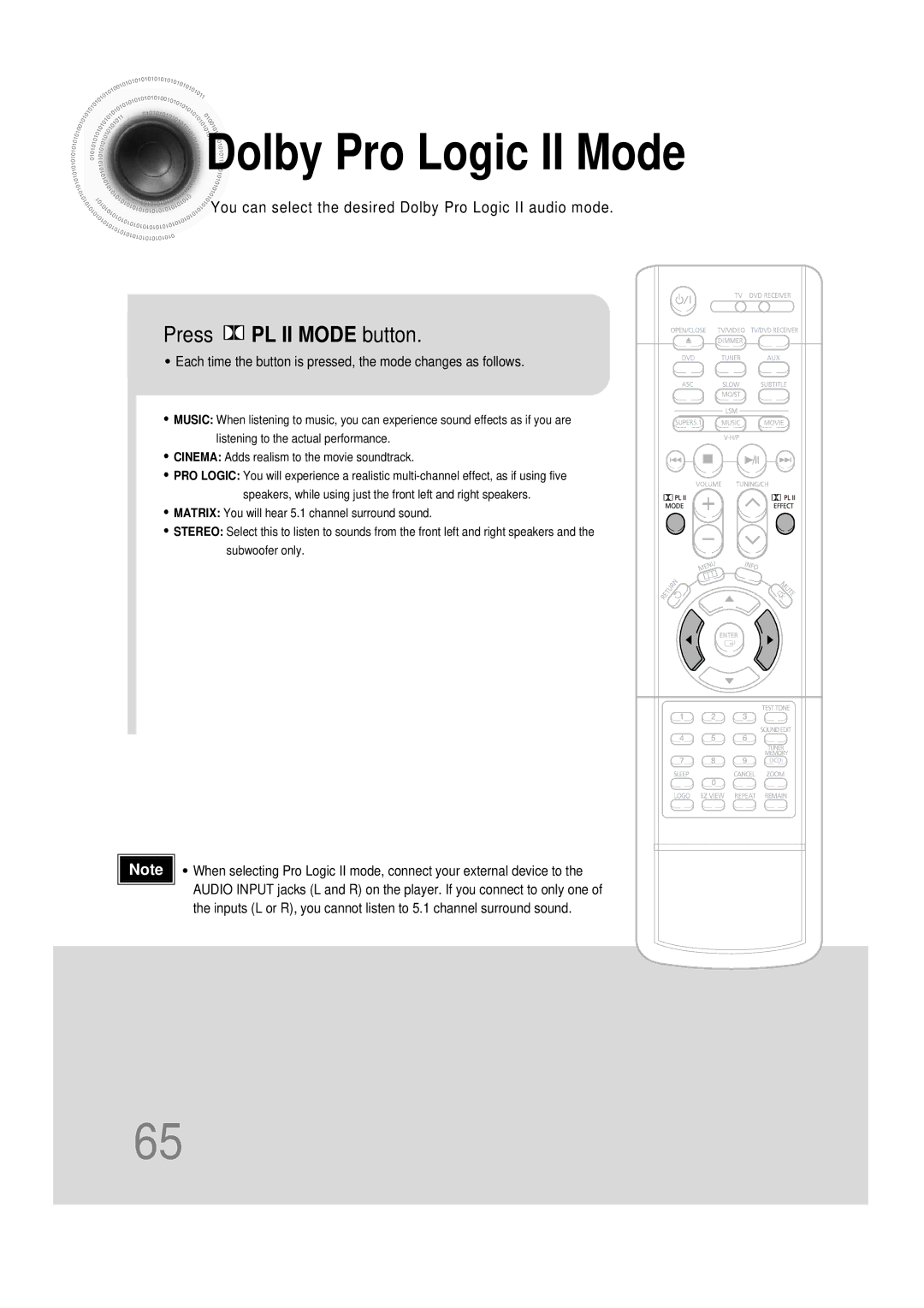 Samsung HT-DS1000 instruction manual Dolby Pro Logic II Mode, Press PL II Mode button 