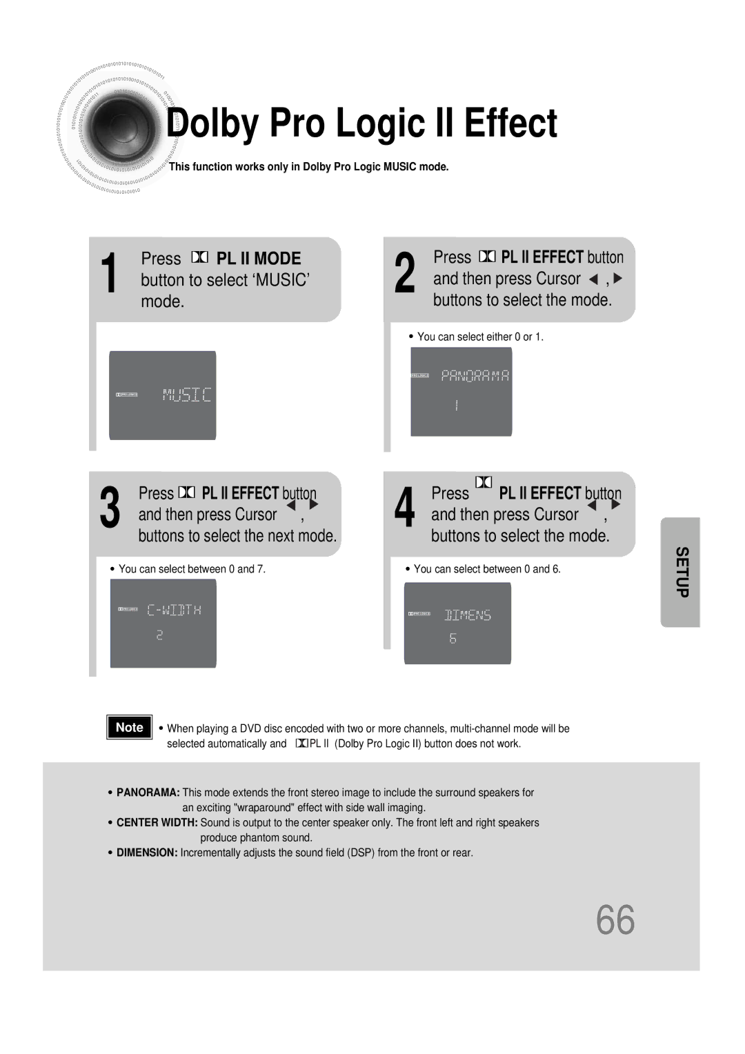 Samsung HT-DS1000 Dolby Pro Logic II Effect, Press PL II Mode, Button to select ‘MUSIC’ mode, Press PL II Effect button 