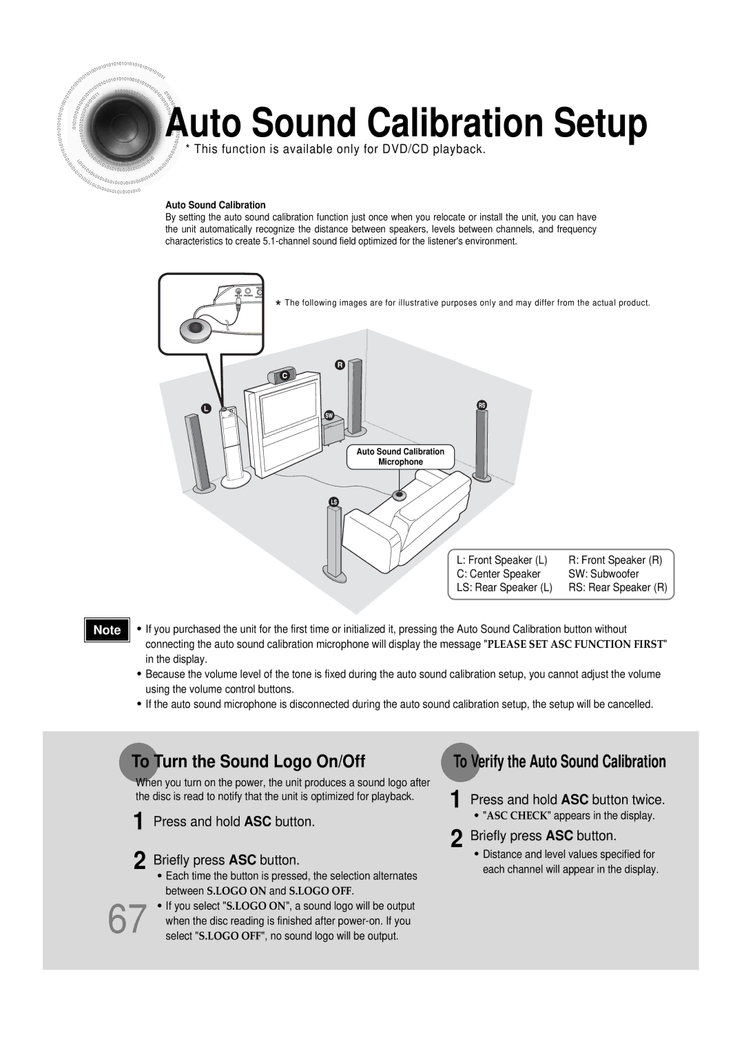 Samsung HT-DS1000 instruction manual Auto Sound Calibration Setup, To Turn the Sound Logo On/Off 