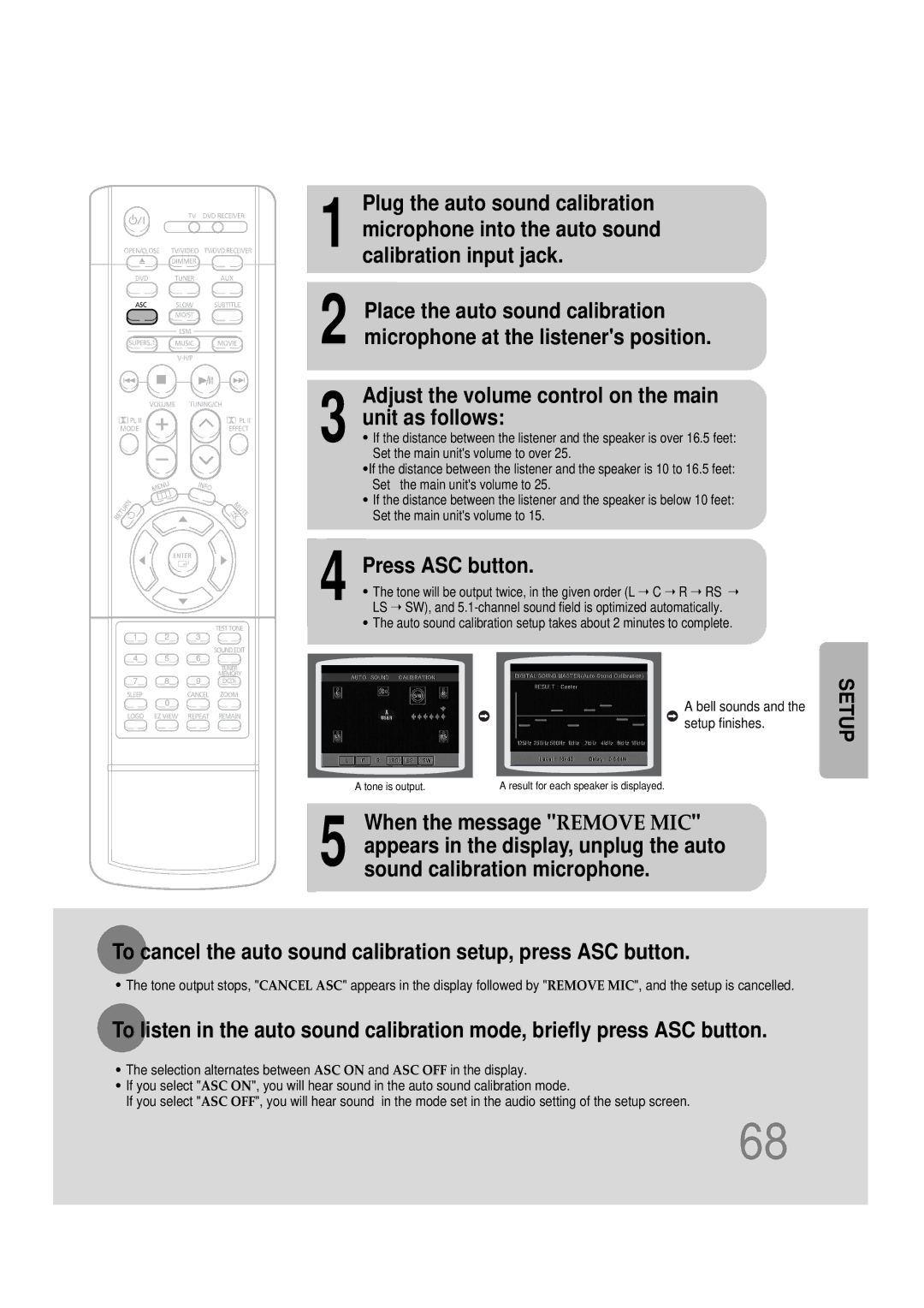 Samsung HT-DS1000 instruction manual Unit as follows, Press ASC button, When the message Remove MIC 