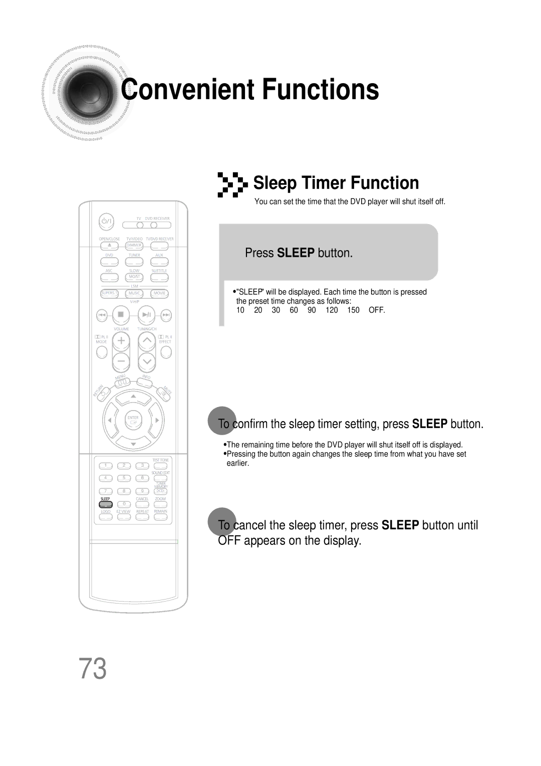 Samsung HT-DS1000 Convenient Functions, Press Sleep button, To confirm the sleep timer setting, press Sleep button 