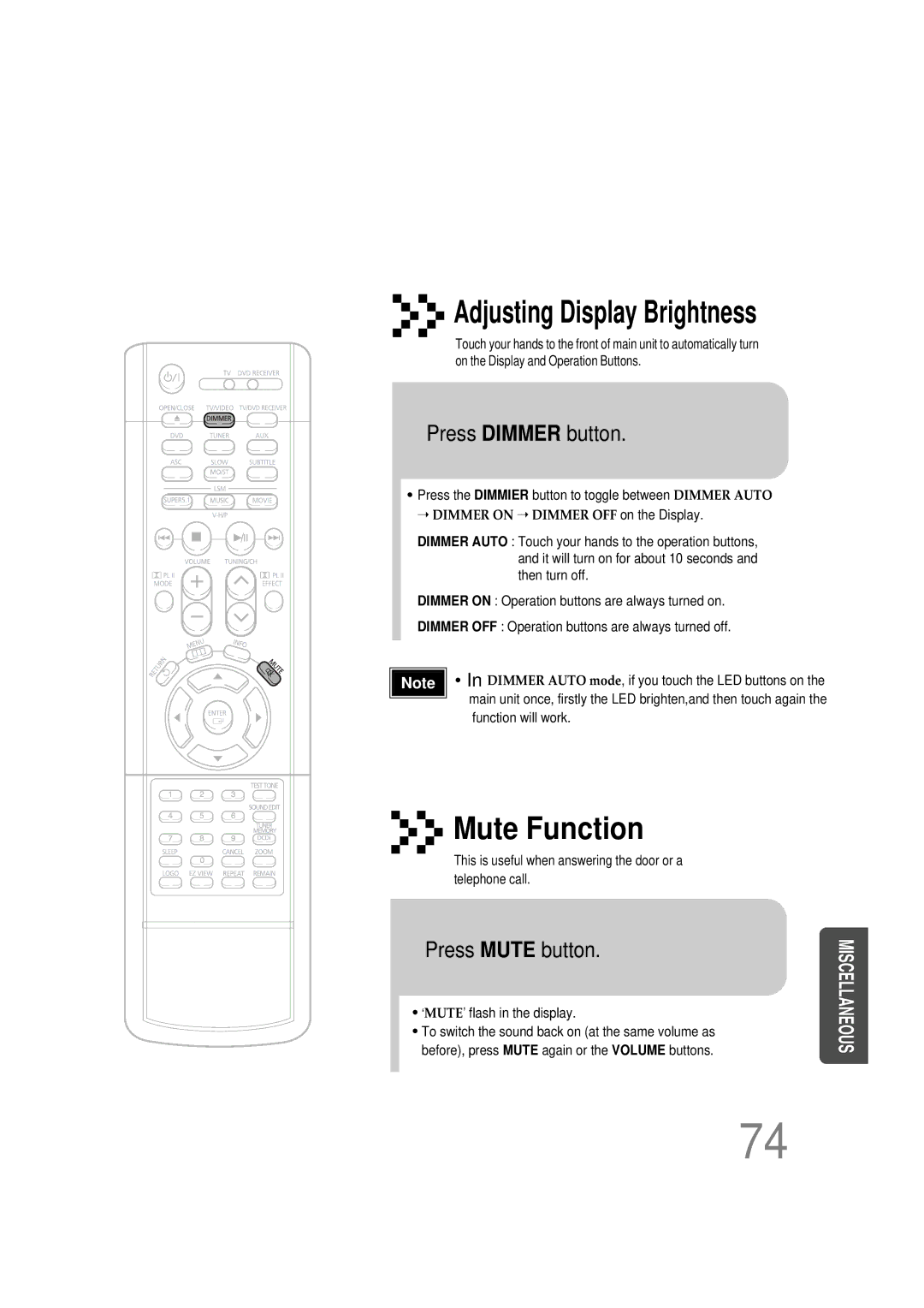 Samsung HT-DS1000 instruction manual Press Dimmer button, Press Mute button 