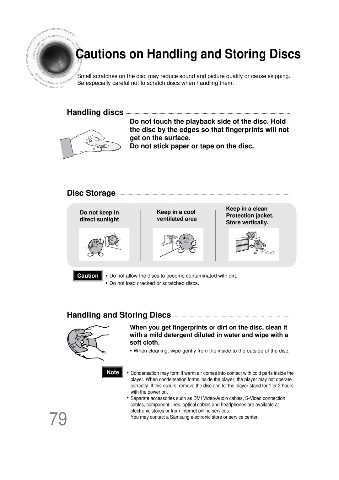 Samsung HT-DS1000 instruction manual Handling discs, Disc Storage, Handling and Storing Discs 