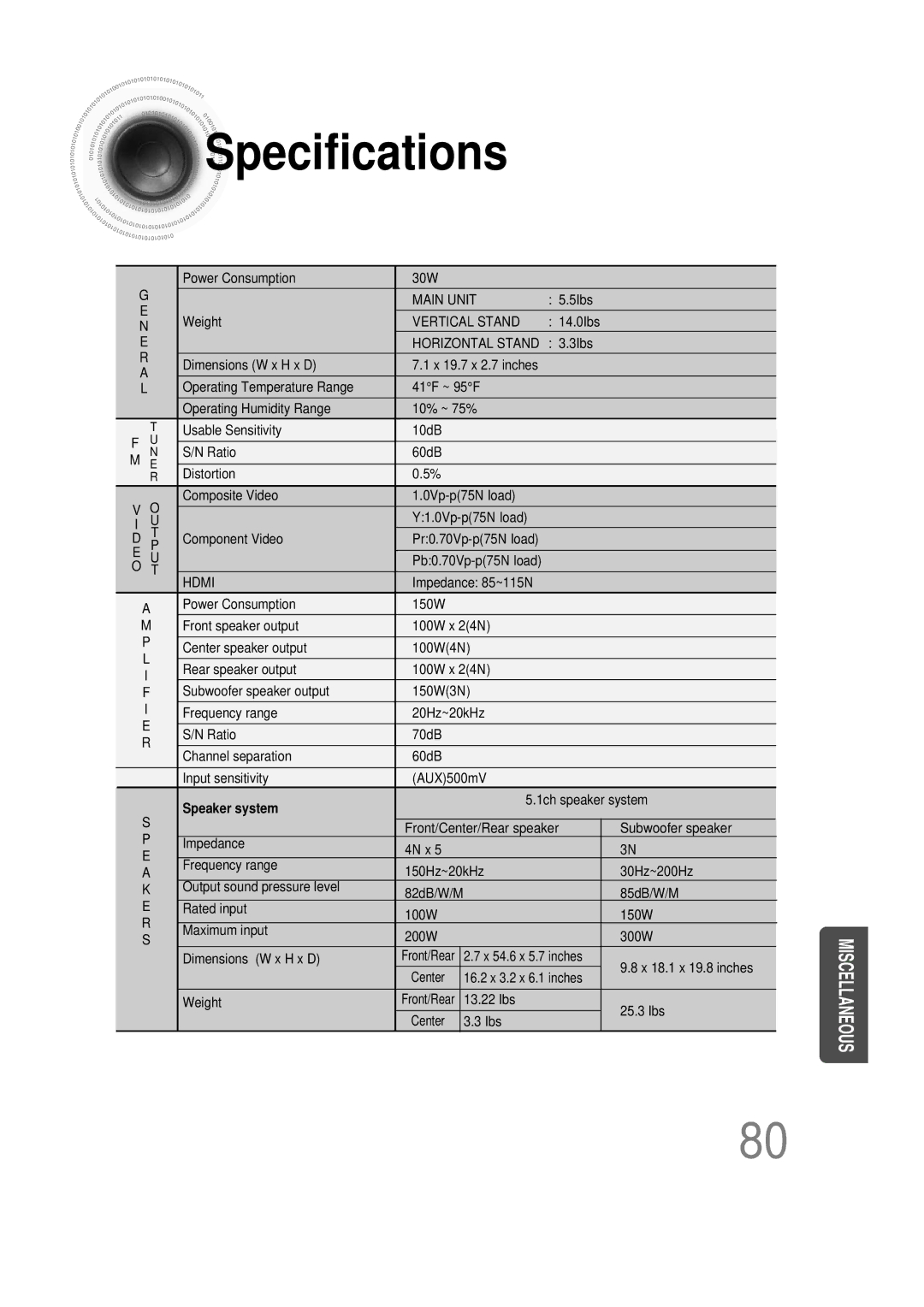 Samsung HT-DS1000 instruction manual Specifications, Vertical Stand 