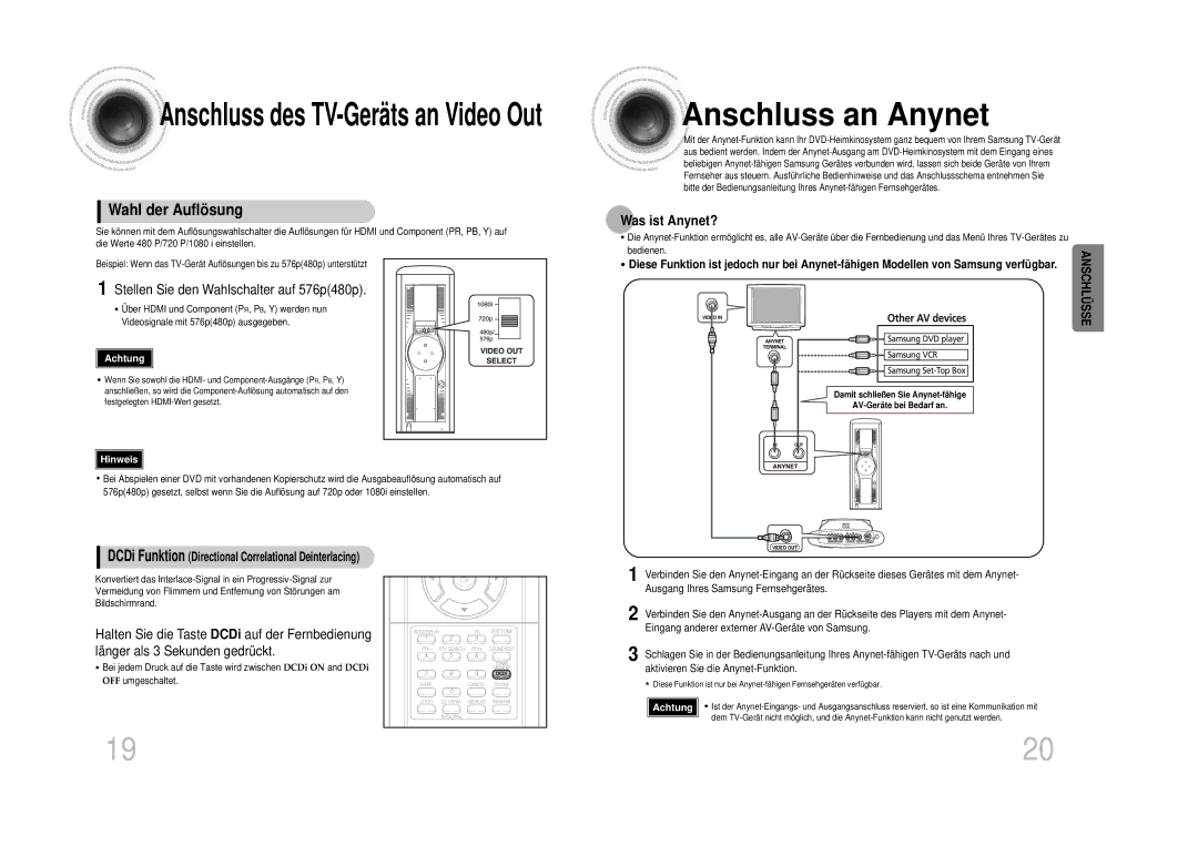 Samsung HTDS100B/EDC, HT-DS100N/EDC manual Wahl der Auflösung, Stellen Sie den Wahlschalter auf 576p480p, Was ist Anynet? 