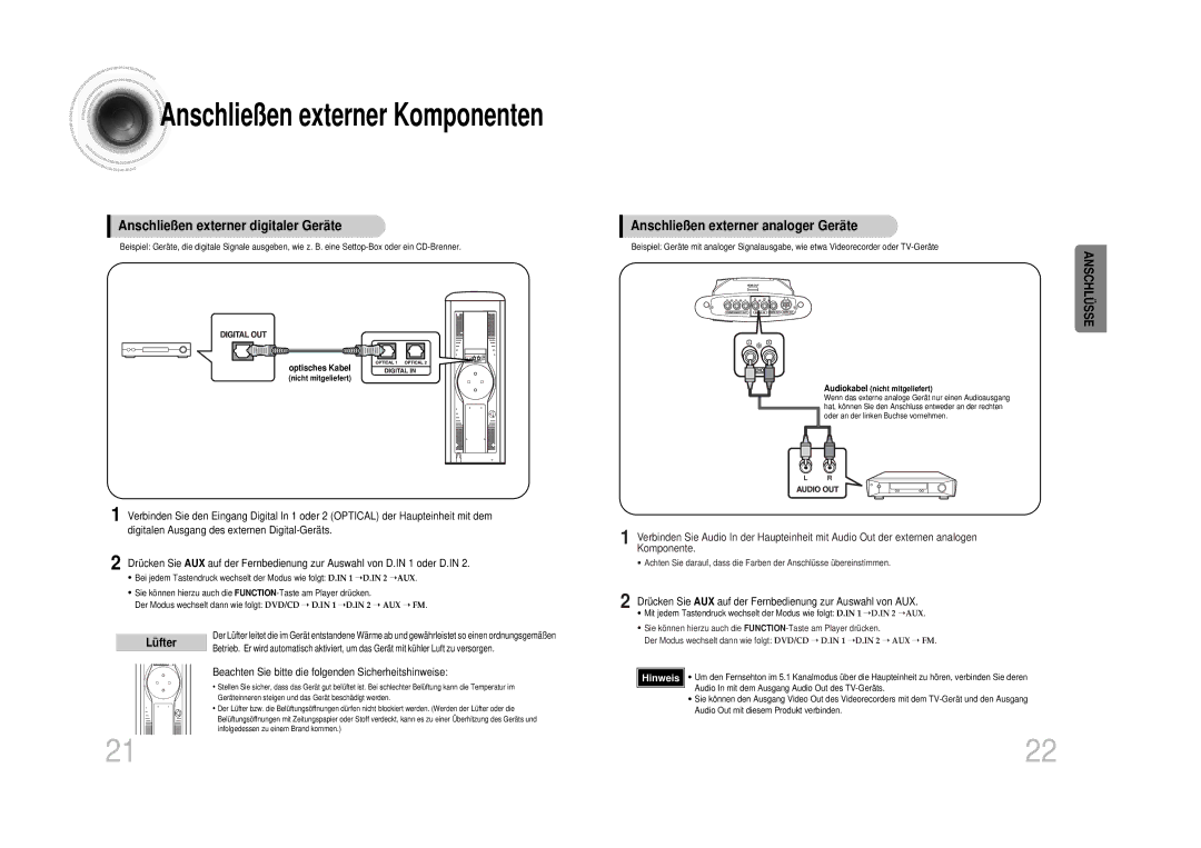 Samsung HTDS100RH/ELS manual Anschließen externer digitaler Geräte, Anschließen externer analoger Geräte, Optisches Kabel 