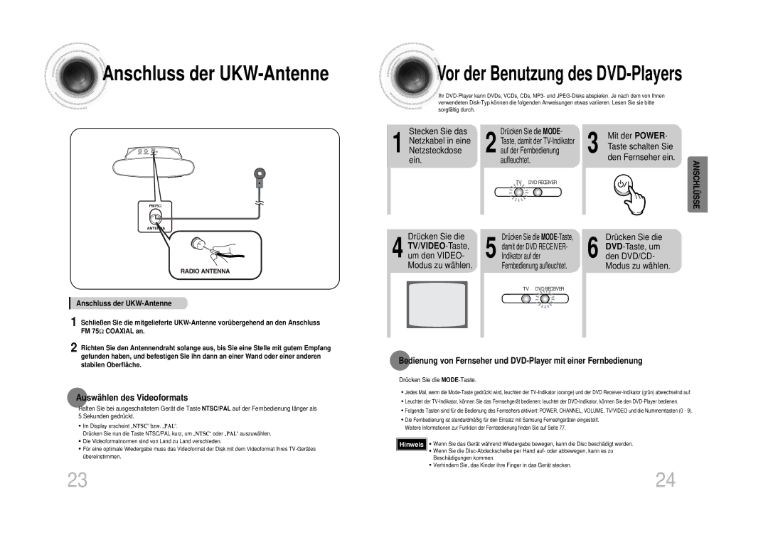 Samsung HTDS1000RH/XFO, HT-DS100N/EDC, HTDS1000TH/XAA, HT-DS1100R/EDC Anschluss der UKW-Antenne, Auswählen des Videoformats 