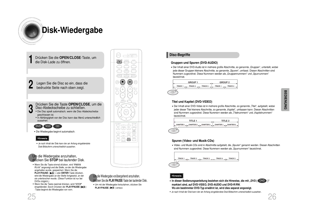 Samsung HTDS100RH/EDC, HT-DS100N/EDC, HTDS1000TH/XAA manual Disk -Wiedergabe, Disc-Abdeckscheibe zu schließen, Disc-Begriffe 