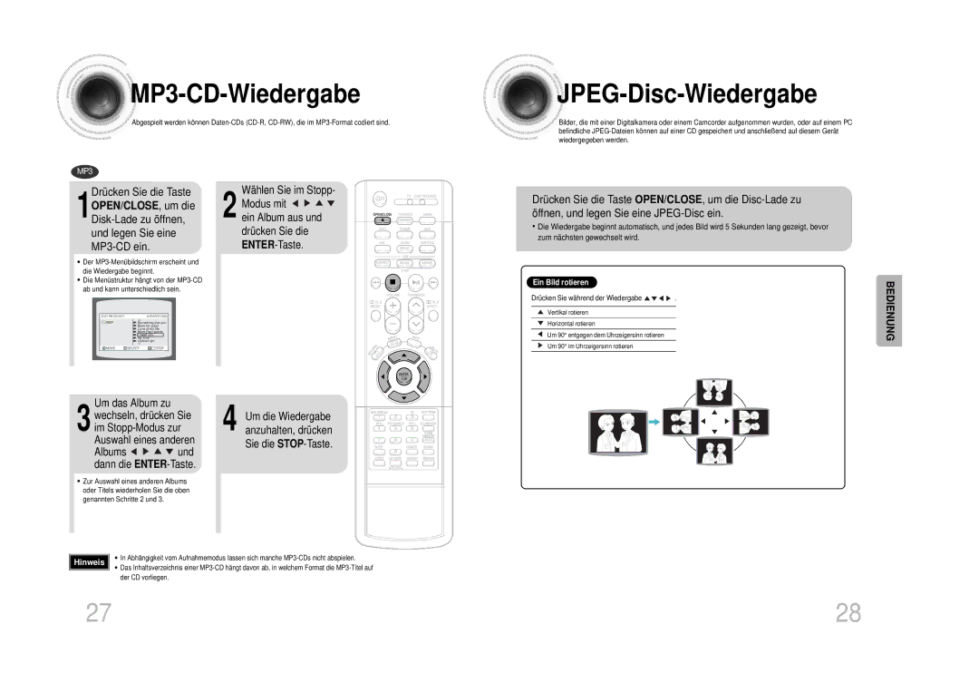 Samsung HT-DS1100R/ELS, HT-DS100N/EDC, HTDS1000TH/XAA manual MP3 -CD-Wiedergabe, Jpeg -Disc-Wiedergabe, Drücken Sie die Taste 