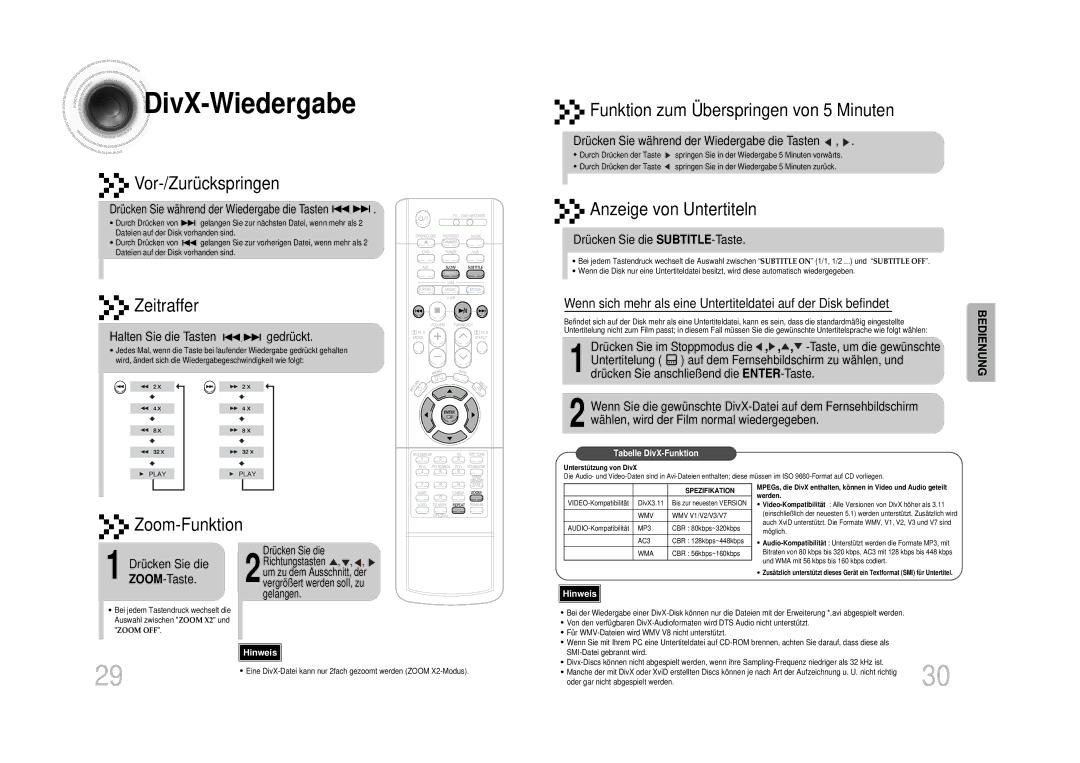 Samsung HT-DS100N/EDC DivX -Wiedergabe, Halten Sie die Tasten gedrückt, Drücken Sie während der Wiedergabe die Tasten 