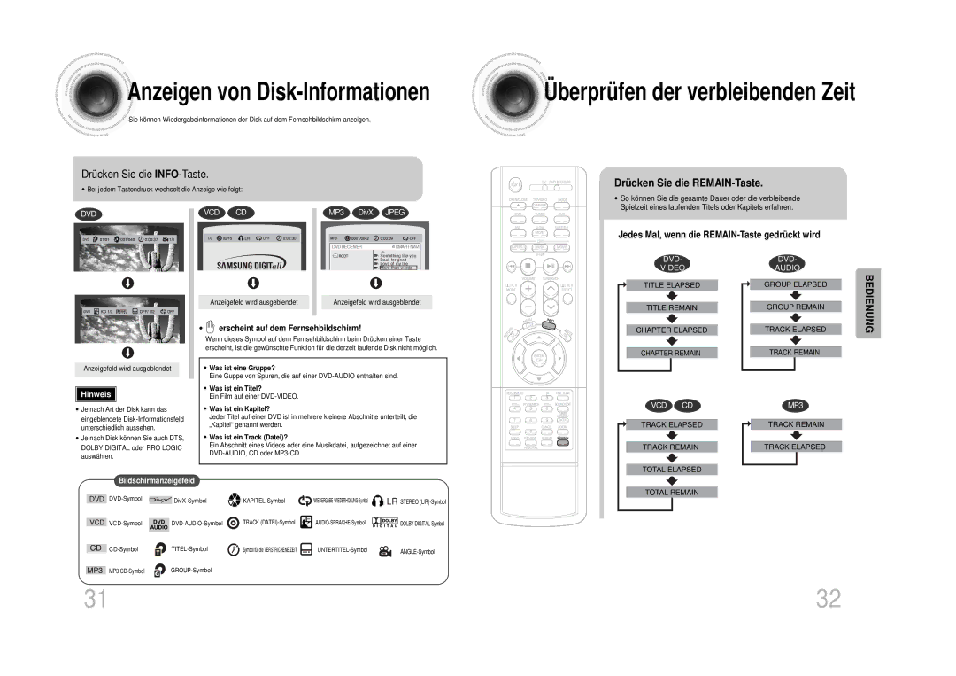 Samsung HTDS1000TH/XAA manual Drücken Sie die INFO-Taste, Drücken Sie die REMAIN-Taste, Erscheint auf dem Fernsehbildschirm 