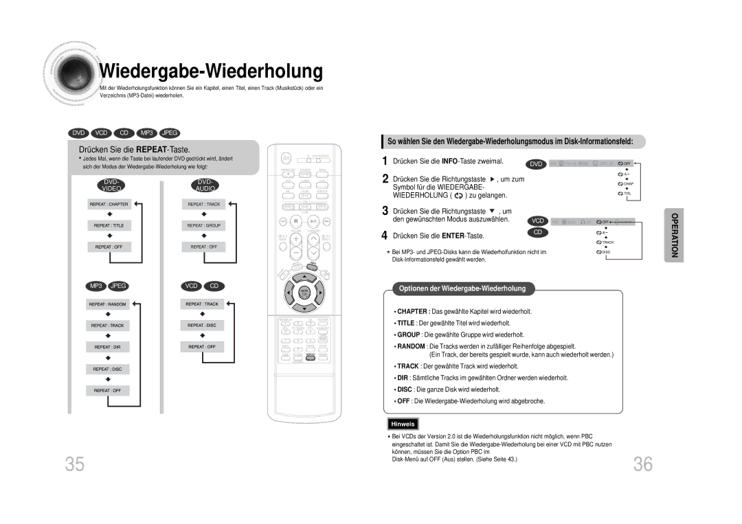 Samsung HTDS100B/EDC manual Wiedergabe -Wiederholung, Drücken Sie die REPEAT-Taste, Drücken Sie die INFO-Taste zweimal 