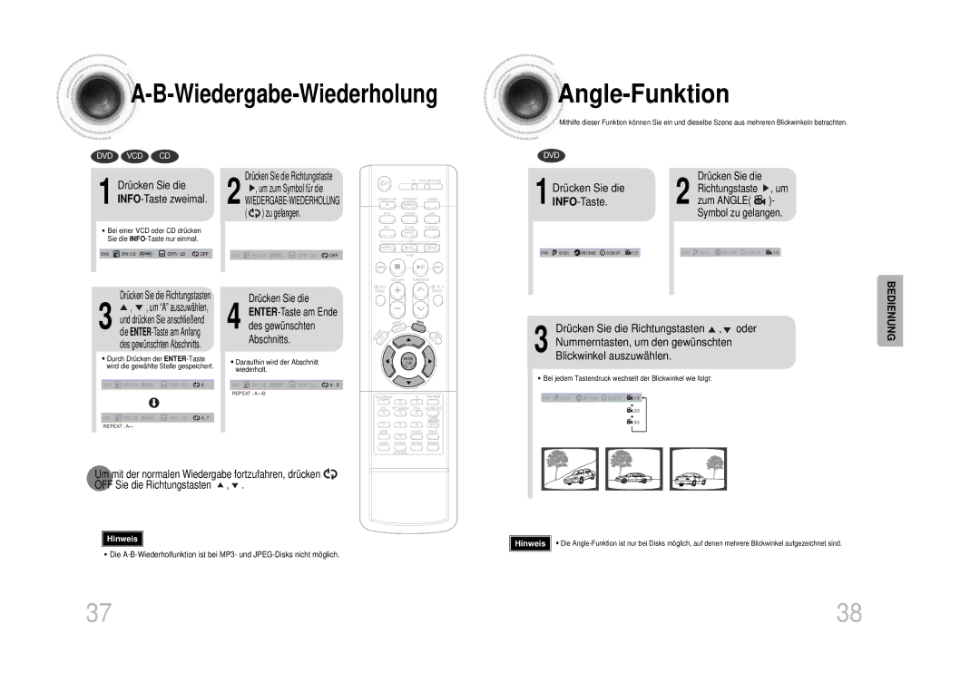 Samsung HTDS100RH/ELS manual Angle -Funktion, Wiedergabe-Wiederholung, INFO-Taste, Drücken Sie die Richtungstasten , oder 