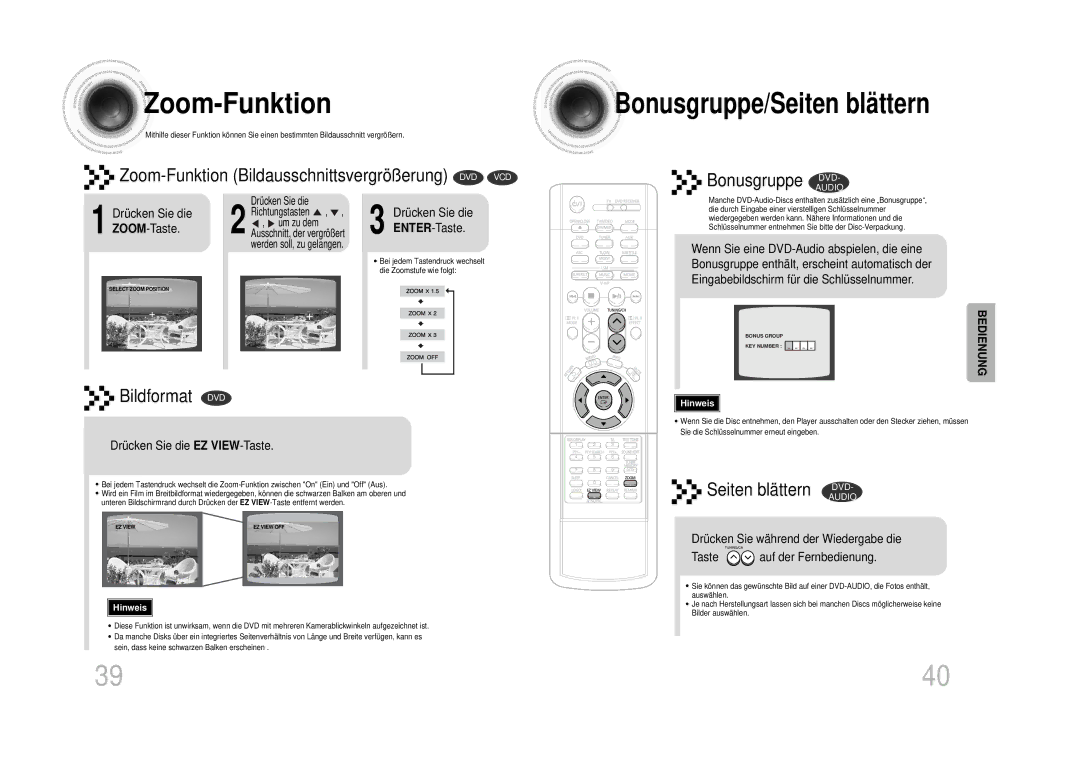 Samsung HTDS1000RH/XFO, HT-DS100N/EDC manual Zoom -Funktion, Bonusgruppe/Seiten blättern, Drücken Sie die ENTER-Taste 