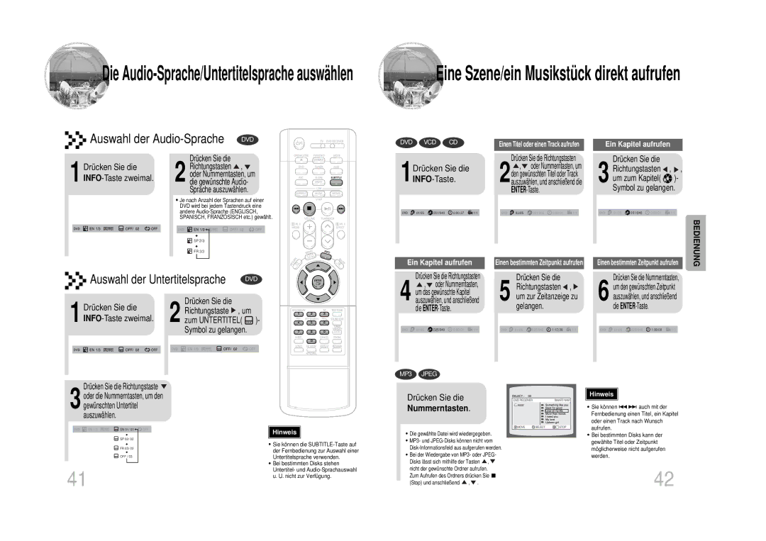 Samsung HTDS100RH/EDC, HT-DS100N/EDC, HTDS1000TH/XAA manual 1Drücken Sie die INFO-Taste, Nummerntasten, INFO-Taste zweimal 