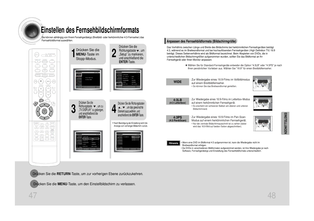 Samsung HTDS1000TH/XAA, HT-DS100N/EDC, HT-DS1100R/EDC, HTDS100B/EDC Drücken Sie die 1MENU-Taste im Stopp-Modus, 43LB, 43PS 