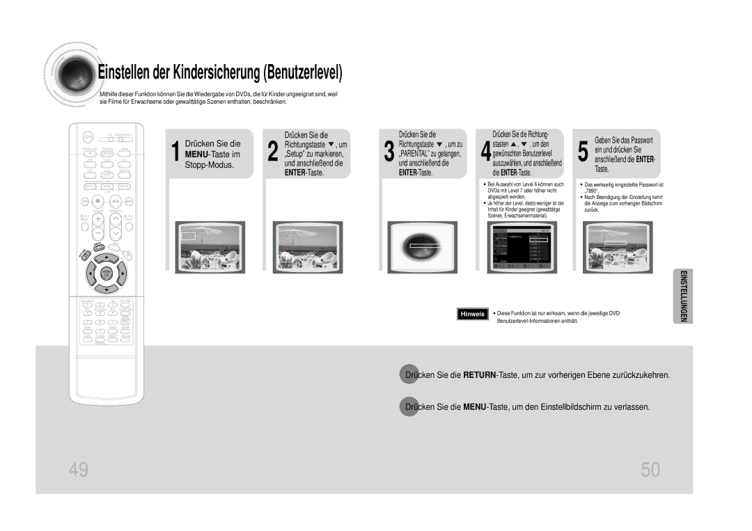 Samsung HT-DS1100R/EDC Drücken Sie die, Geben Sie das Passwort, Richtungstaste Um zu, Ein und drücken Sie, ENTER-Taste 