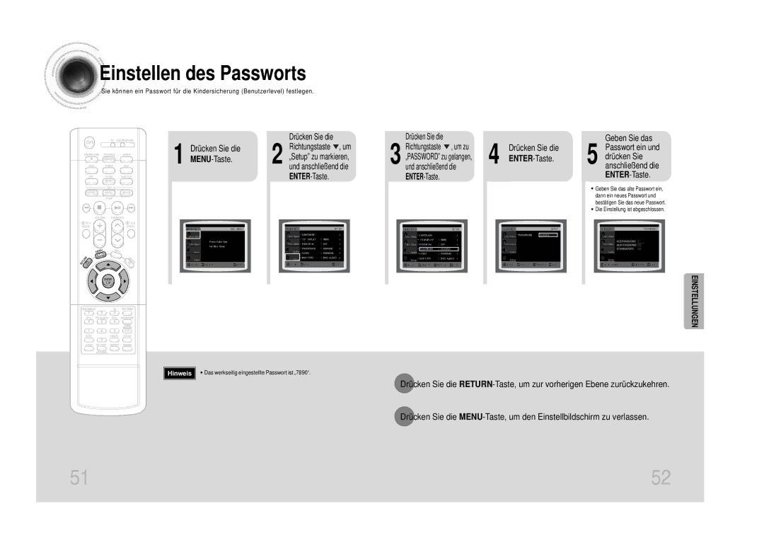 Samsung HTDS100B/EDC manual Drücken Sie die MENU-Taste, ENTER-Taste, Das werkseitig eingestellte Passwort ist „7890 