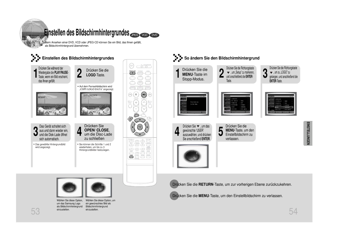 Samsung HTDS100RH/ELS MENU-Taste im, Stopp-Modus, Drücken Sie, OPEN/ CLOSE, um die Disc-Lade zu schließen, LOGO-Taste 