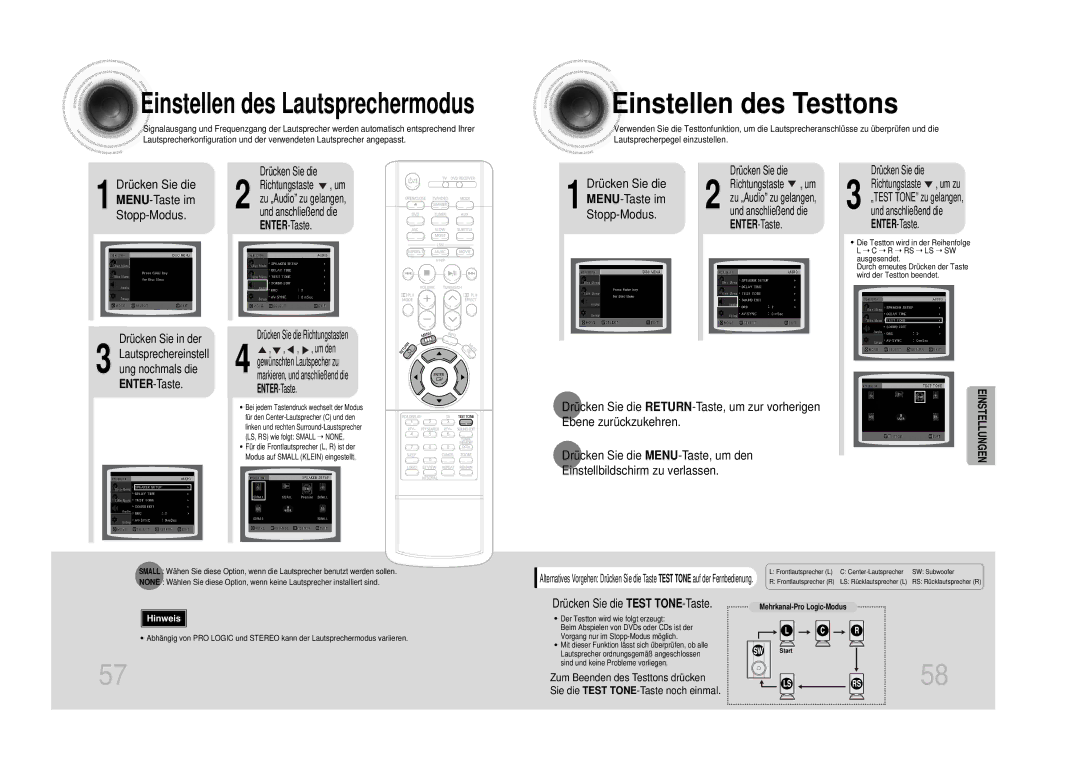 Samsung HTDS100RH/EDC Einstellen des Testtons, Drücken Sie die Test TONE-Taste, Richtungstaste , um, Zu „Audio zu gelangen 