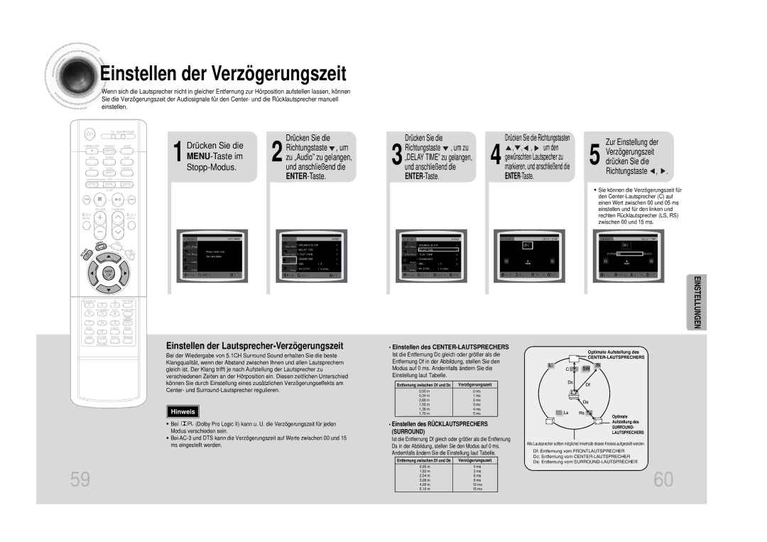 Samsung HT-DS1100R/ELS, HT-DS100N/EDC manual Einstellen der Verzögerungszeit, Einstellen der Lautsprecher-Verzögerungszeit 