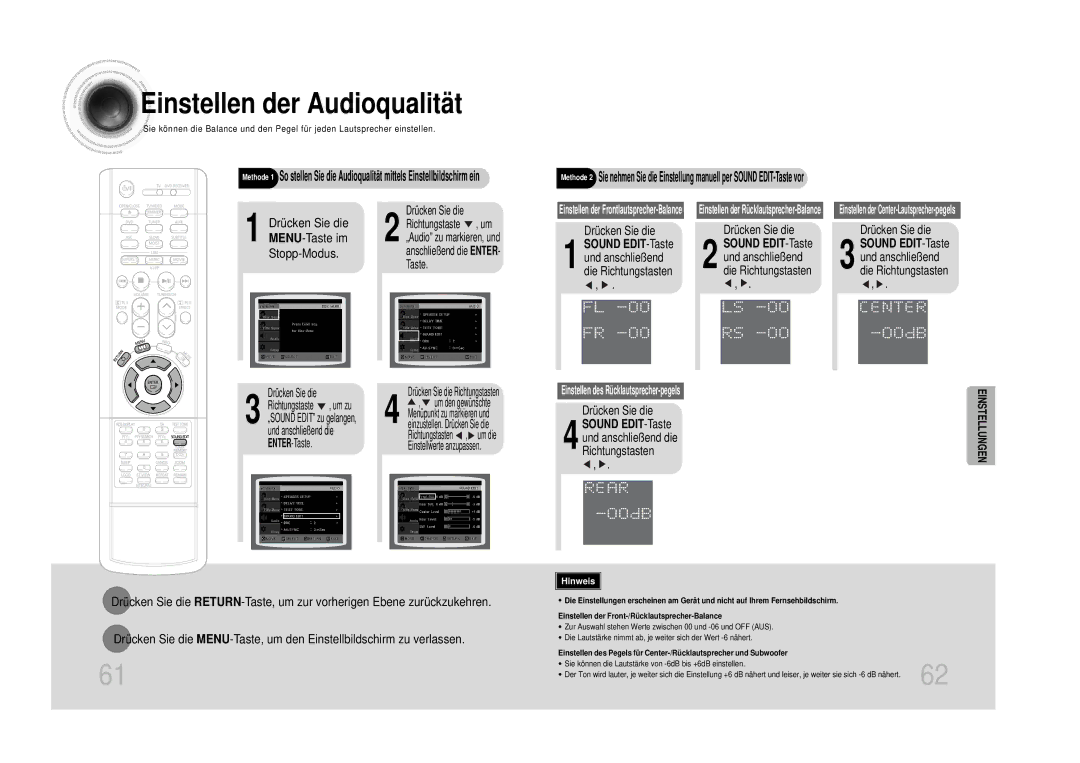 Samsung HT-DS100N/EDC, HTDS1000TH/XAA, HT-DS1100R/EDC Einstellen der Audioqualität, Und anschließend die Richtungstasten 