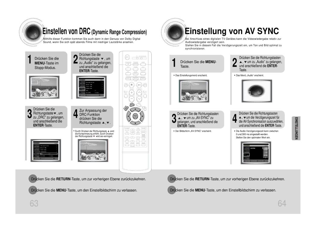 Samsung HTDS1000TH/XAA Einstellung von AV Sync, Einstellen von DRC Dynamic Range Compression, DrückenTaste. Sie die Menu 