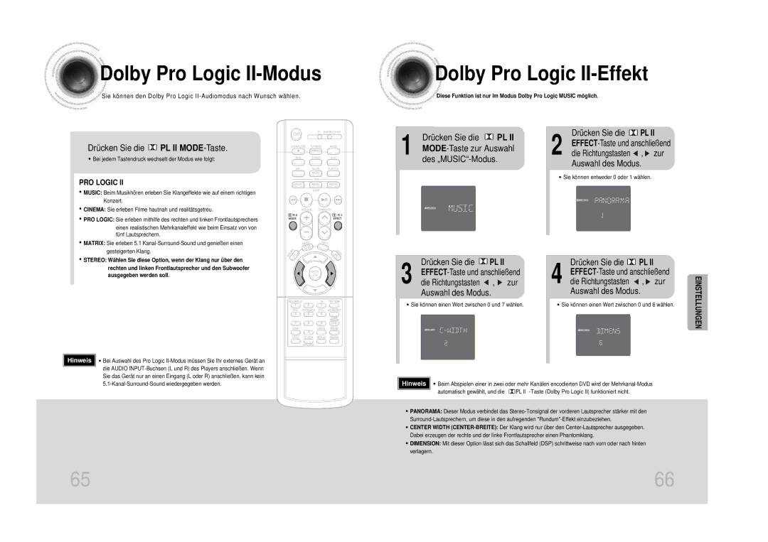 Samsung HT-DS1100R/EDC, HTDS100B/EDC Dolby Pro Logic II-Modus, Dolby Pro Logic II-Effekt, Drücken Sie die PL II MODE-Taste 